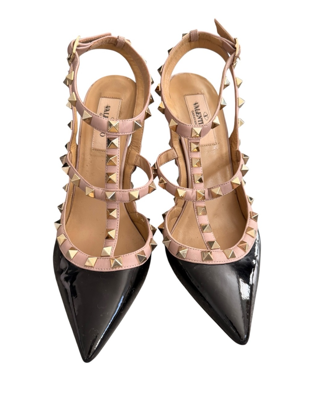 Valentino Black Patent Pointed-Toe T-Strap Heels with Pink Studded Straps